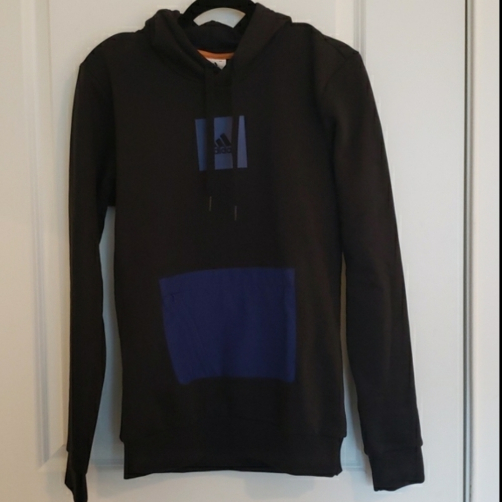 Adidas Essentials Fleece Hoodie Black & Victory Blue - Size S - Picture 2 of 10